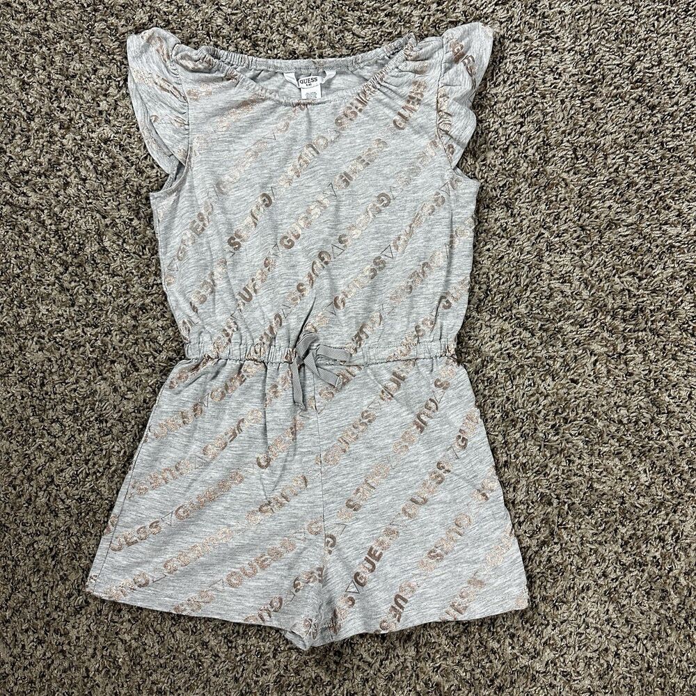 Guess Girls Size 6X Grey Romper Gold Print Sleeveless Ruffle Drawstring Waist